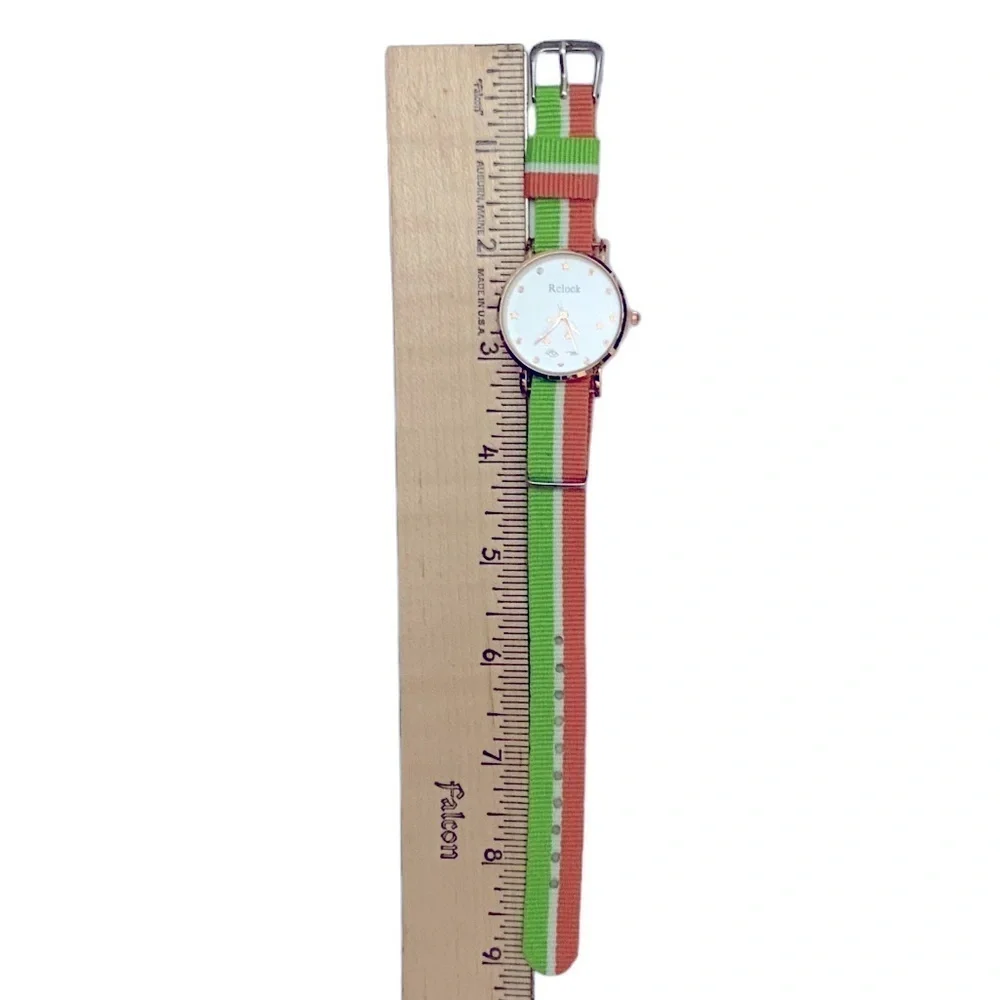 Watch Women’s Analog Round  Preppy Stripe Canvas Buckle Band Green Coral